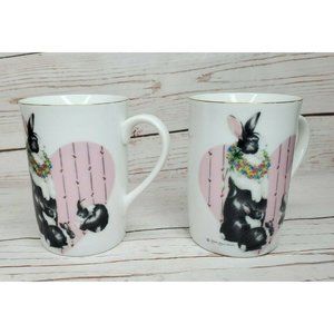 2 Jan Jameson Design Heartprint Otagiri Japan Vintage Bunny Heart Gold Trim Cup
